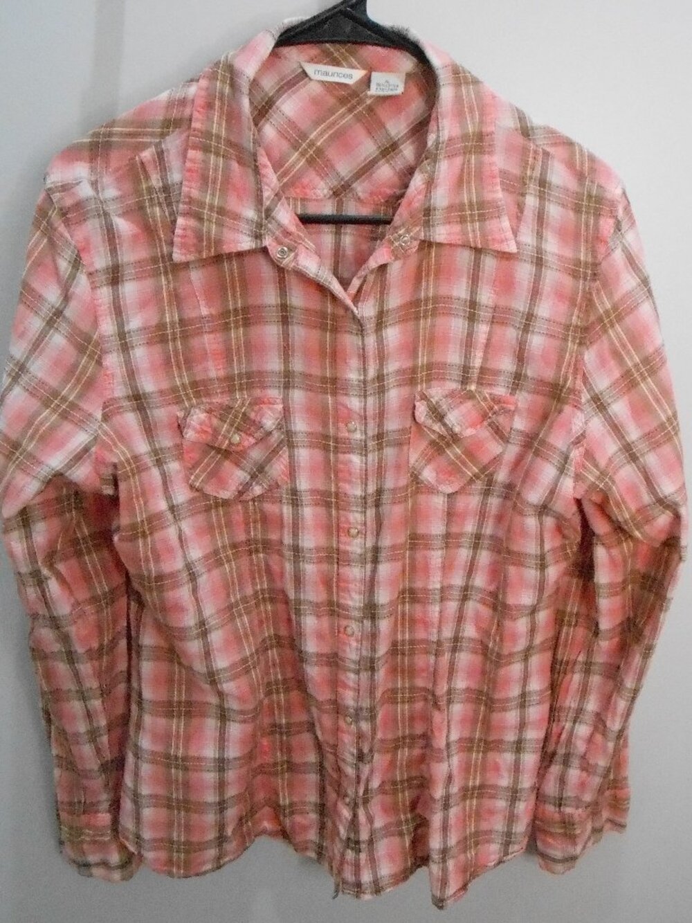 Maurice's Women's Brown Peach White Plaid Button Down Collared Shirt Size-XL